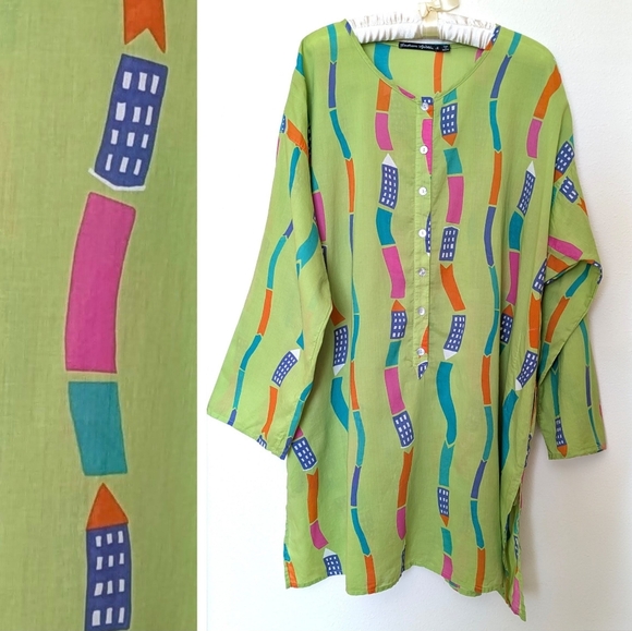Gudrun Sjoden Tops - Gudrun Sjoden Vast Woven Tunic Top Long Sleeve Pockets XL Green Cotton Lagenlook